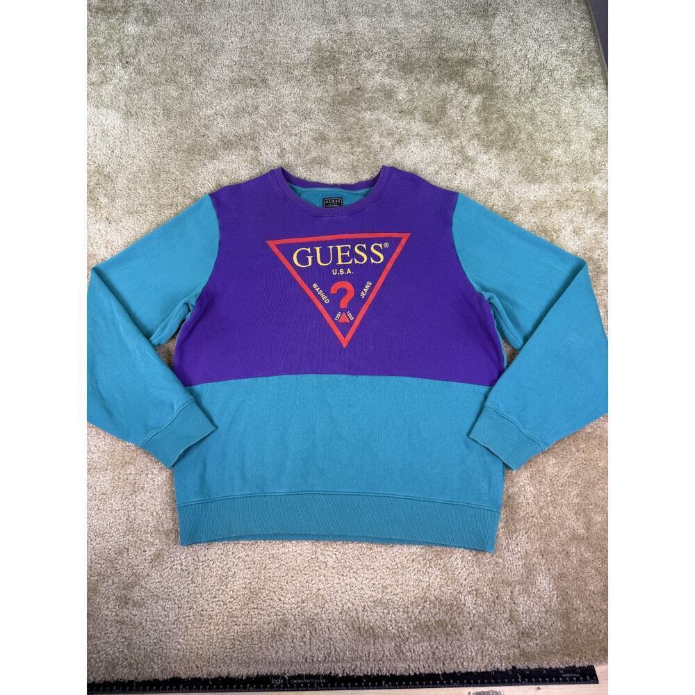 Guess Vintage Big Logo Sweatshirt Size Large Blue Teal / Purple C945